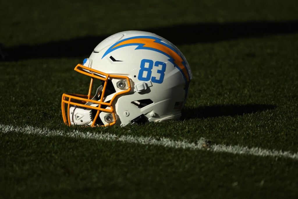GREEN BAY, WISCONSIN - NOVEMBER 19: A detailed view of the helmet worn by Nick Vannett #83 of the Los Angeles Chargers prior to a game against the Green Bay Packers at Lambeau Field on November 19, 2023 in Green Bay, Wisconsin. The Packers defeated the Chargers 23-20.