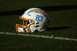 GREEN BAY, WISCONSIN - NOVEMBER 19: A detailed view of the helmet worn by Nick Vannett #83 of the Los Angeles Chargers prior to a game against the Green Bay Packers at Lambeau Field on November 19, 2023 in Green Bay, Wisconsin. The Packers defeated the Chargers 23-20.