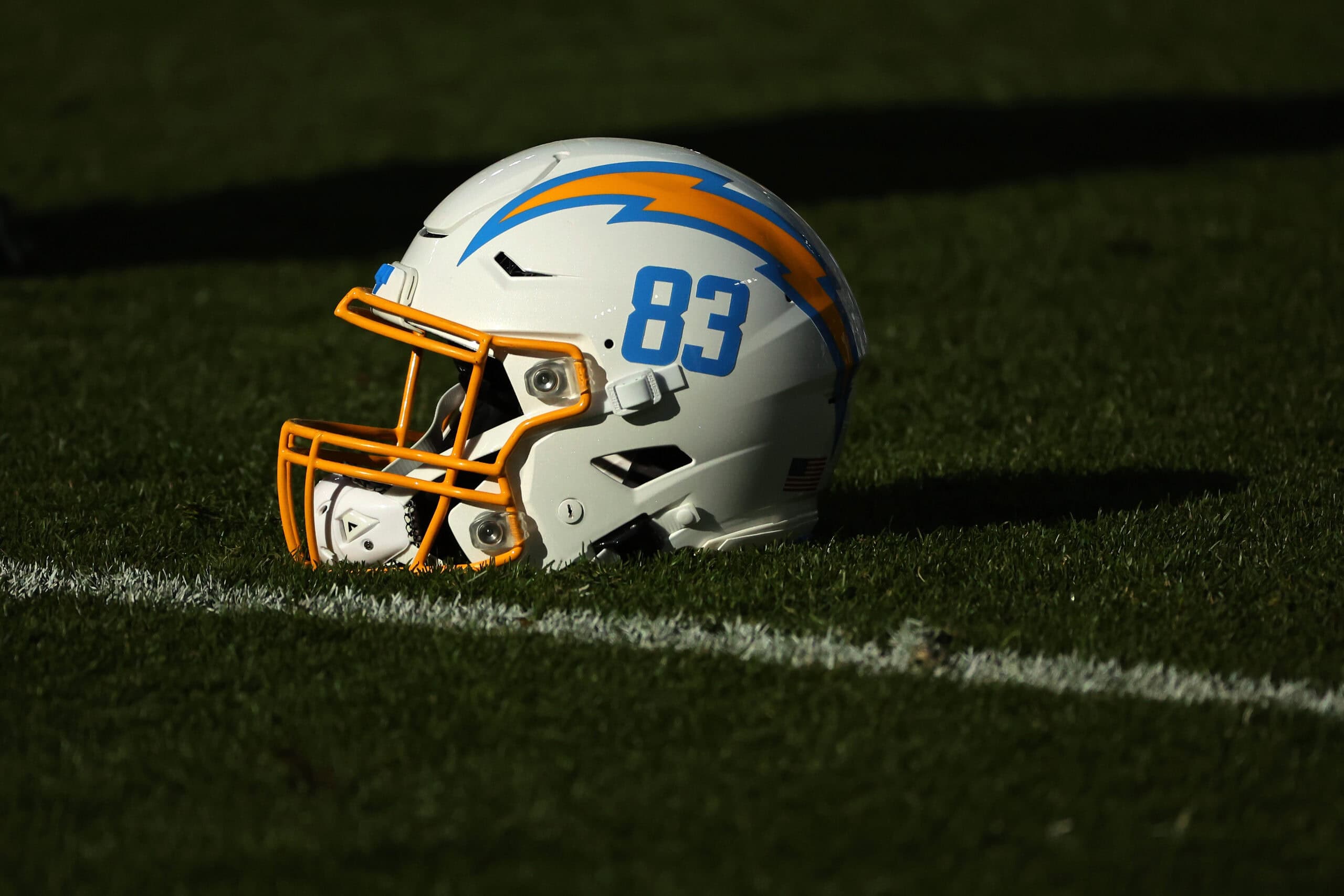 GREEN BAY, WISCONSIN - NOVEMBER 19: A detailed view of the helmet worn by Nick Vannett #83 of the Los Angeles Chargers prior to a game against the Green Bay Packers at Lambeau Field on November 19, 2023 in Green Bay, Wisconsin. The Packers defeated the Chargers 23-20.