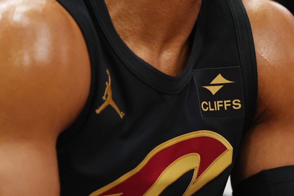 CHICAGO, ILLINOIS - DECEMBER 23: A detail of Cleveland-Cliffs logo on the jersey of the Cleveland Cavaliers during the first half against the Chicago Bulls at the United Center on December 23, 2023 in Chicago, Illinois. NOTE TO USER: User expressly acknowledges and agrees that, by downloading and or using this photograph, User is consenting to the terms and conditions of the Getty Images License Agreement.
