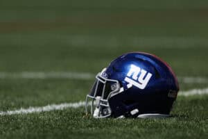 EAST RUTHERFORD, NEW JERSEY - MAY 30: A general view of a New York Giants helmet during OTA Offseason Workouts at NY Giants Quest Diagnostics Training Center on May 30, 2024 in East Rutherford, New Jersey.