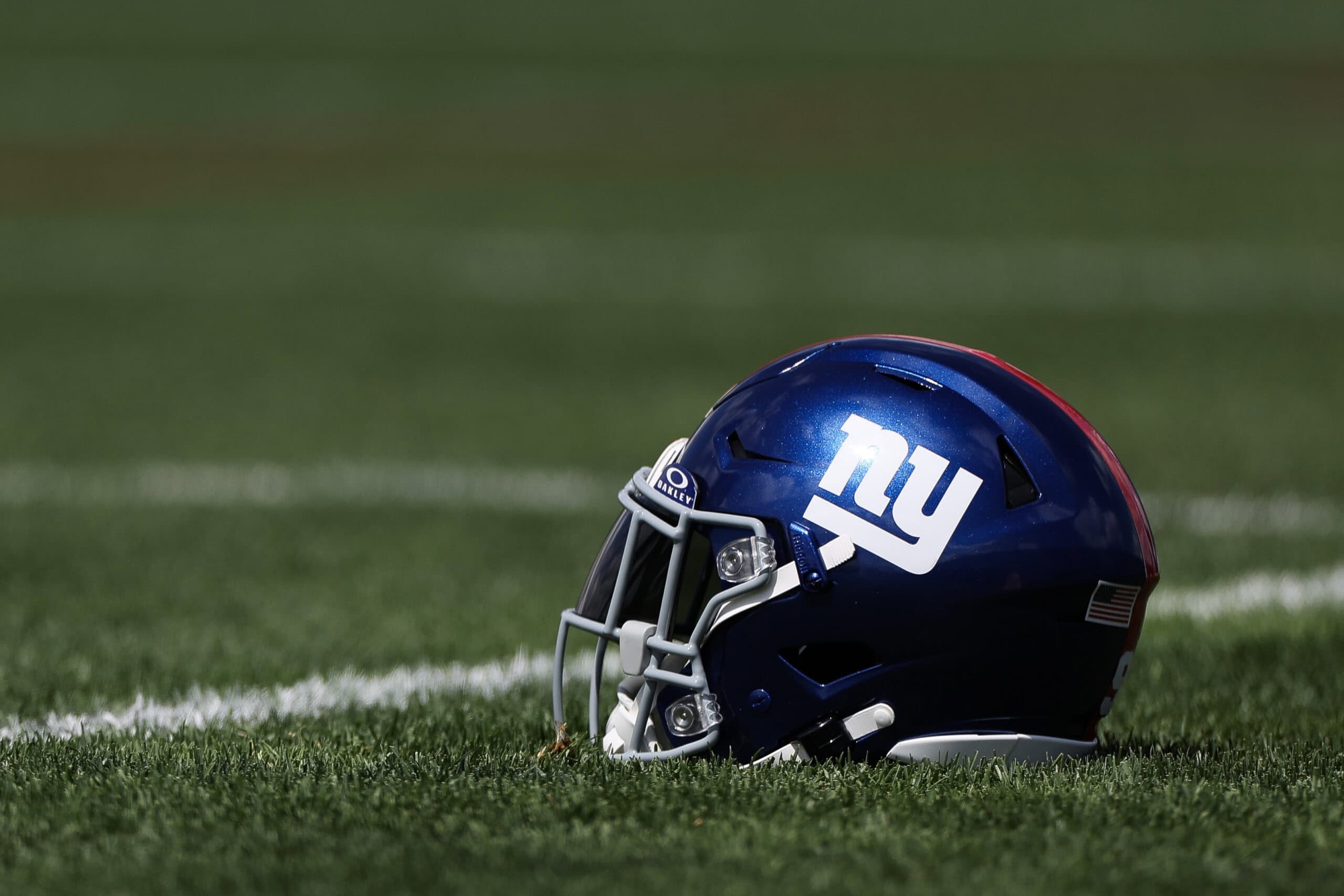 EAST RUTHERFORD, NEW JERSEY - MAY 30: A general view of a New York Giants helmet during OTA Offseason Workouts at NY Giants Quest Diagnostics Training Center on May 30, 2024 in East Rutherford, New Jersey.
