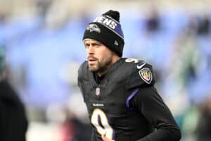 BALTIMORE, MARYLAND - DECEMBER 01: Justin Tucker #9 of the Baltimore Ravens warms up prior to a game against the Philadelphia Eagles at M&T Bank Stadium on December 01, 2024 in Baltimore, Maryland.