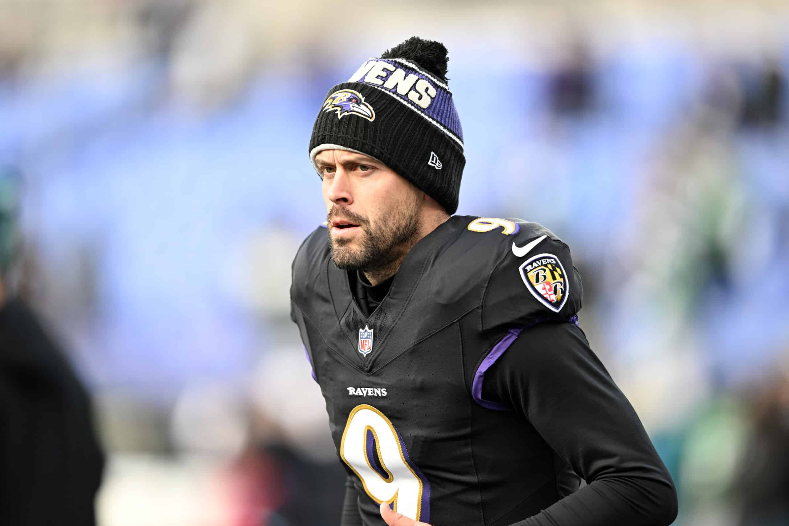 BALTIMORE, MARYLAND - DECEMBER 01: Justin Tucker #9 of the Baltimore Ravens warms up prior to a game against the Philadelphia Eagles at M&T Bank Stadium on December 01, 2024 in Baltimore, Maryland.