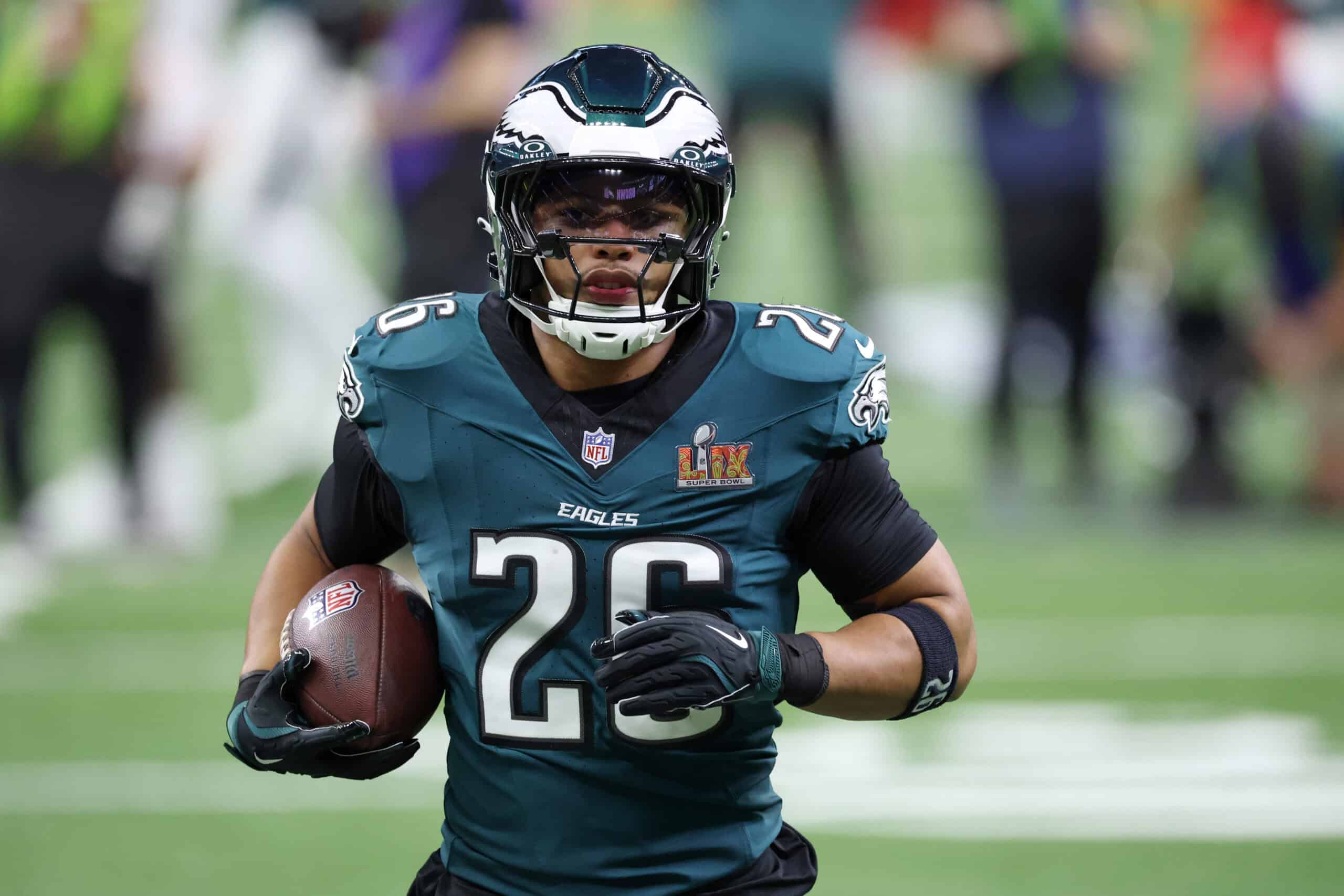 NEW ORLEANS, LOUISIANA - FEBRUARY 09: Saquon Barkley #26 of the Philadelphia Eagles warms up before Super Bowl LIX against the Kansas City Chiefs at Caesars Superdome on February 09, 2025 in New Orleans, Louisiana.