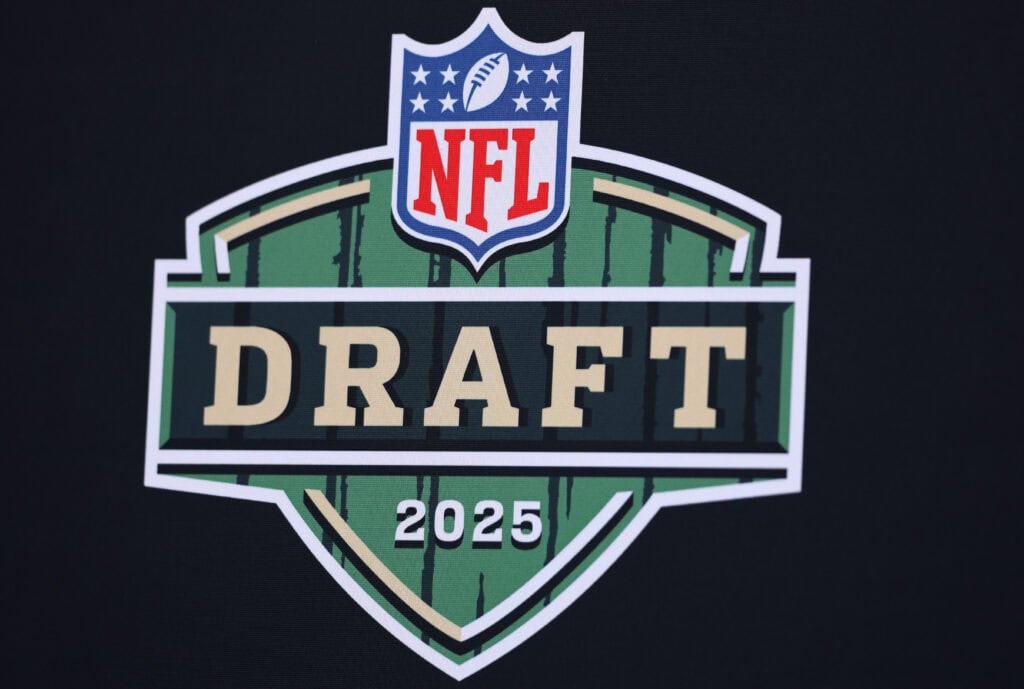 GREEN BAY, WISCONSIN - APRIL 24: A general view of the Draft logo is seen prior to the first round of the 2025 NFL Draft at Lambeau Field on April 24, 2025 in Green Bay, Wisconsin.