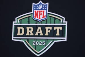 GREEN BAY, WISCONSIN - APRIL 24: A general view of the Draft logo is seen prior to the first round of the 2025 NFL Draft at Lambeau Field on April 24, 2025 in Green Bay, Wisconsin.