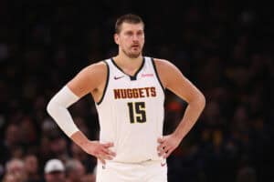 OKLAHOMA CITY, OKLAHOMA - MAY 05: Nikola Jokic #15 of the Denver Nuggets looks on during the third quarter of Round Two Game One of the 2025 NBA Playoffs against the Oklahoma City Thunder at Paycom Center on May 05, 2025 in Oklahoma City, Oklahoma. NOTE TO USER: User expressly acknowledges and agrees that, by downloading and or using this photograph, user is consenting to the terms and conditions of the Getty Images License Agreement.