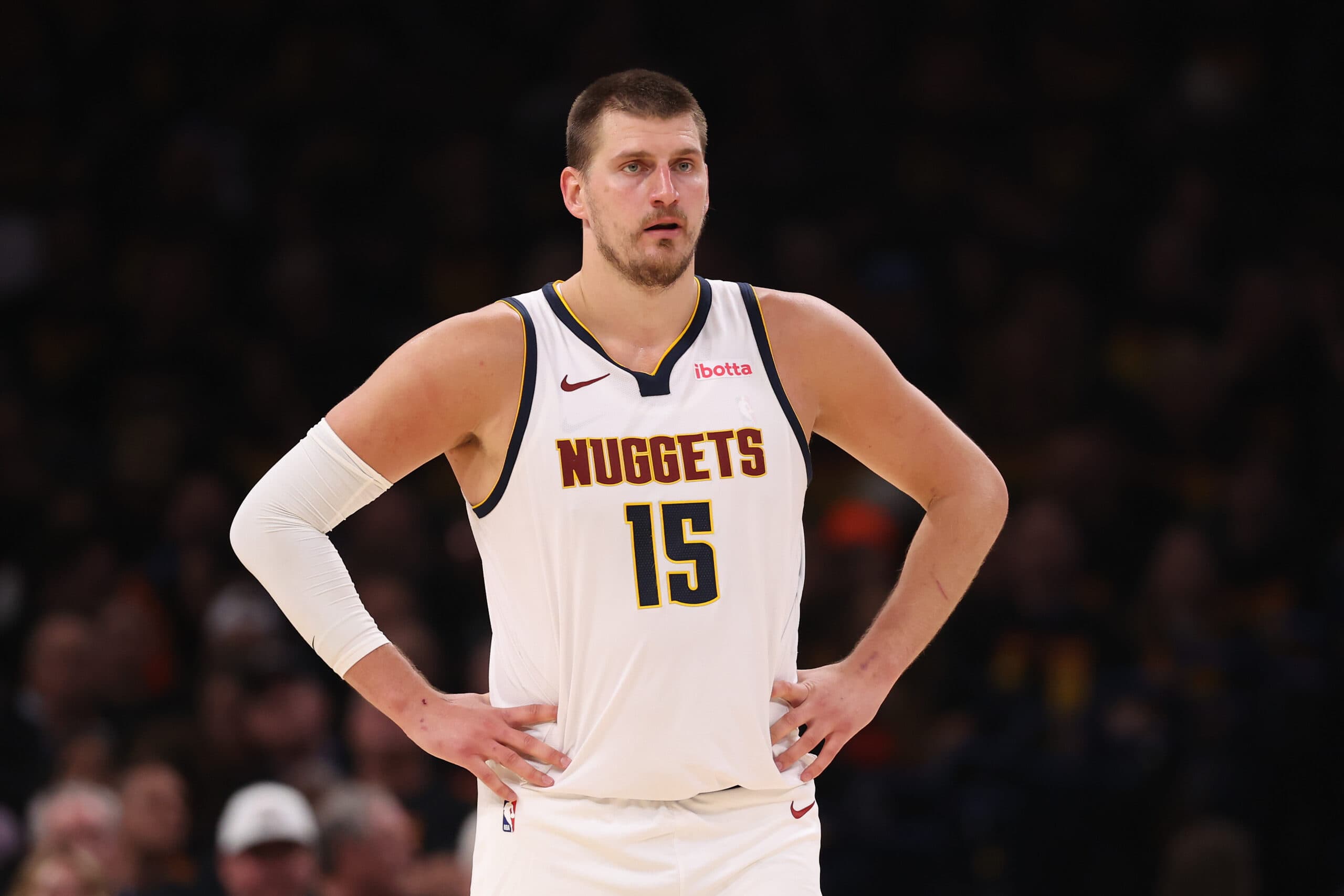 OKLAHOMA CITY, OKLAHOMA - MAY 05: Nikola Jokic #15 of the Denver Nuggets looks on during the third quarter of Round Two Game One of the 2025 NBA Playoffs against the Oklahoma City Thunder at Paycom Center on May 05, 2025 in Oklahoma City, Oklahoma. NOTE TO USER: User expressly acknowledges and agrees that, by downloading and or using this photograph, user is consenting to the terms and conditions of the Getty Images License Agreement.