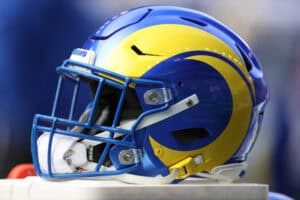 SEATTLE, WASHINGTON - NOVEMBER 03: A detailed view of a Los Angeles Rams helmet prior to a game against the Seattle Seahawks at Lumen Field on November 03, 2024 in Seattle, Washington.