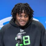 INDIANAPOLIS, INDIANA - MARCH 01: Armand Membou of Missouri speaks to the media during the 2025 NFL Scouting Combine at Lucas Oil Stadium on March 1, 2025 in Indianapolis, Indiana.