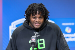 INDIANAPOLIS, INDIANA - MARCH 01: Armand Membou of Missouri speaks to the media during the 2025 NFL Scouting Combine at Lucas Oil Stadium on March 1, 2025 in Indianapolis, Indiana.
