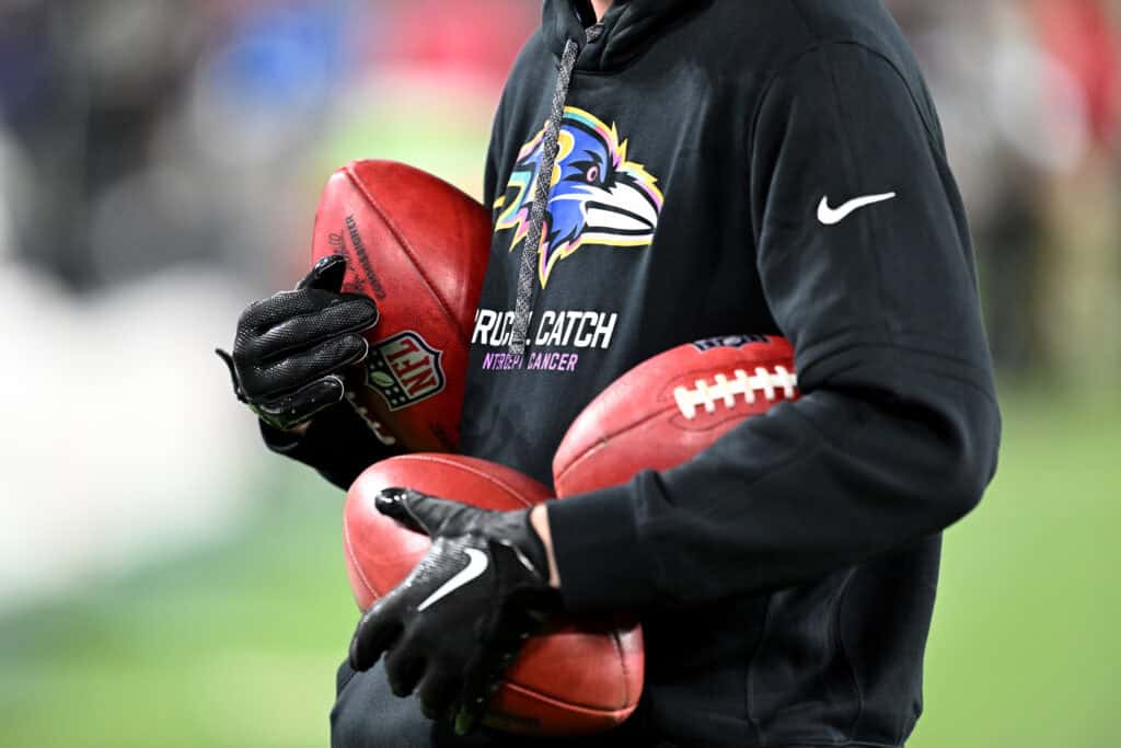BALTIMORE, MARYLAND - SEPTEMBER 29: A detail shot of Crucial Catch logo is seen on the shirt of a member of the Baltimore Ravens prior to the game against the Baltimore Ravens Ravens at M&T Bank Stadium on September 29, 2024 in Baltimore, Maryland.