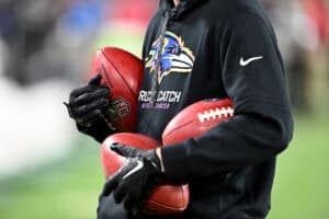 BALTIMORE, MARYLAND - SEPTEMBER 29: A detail shot of Crucial Catch logo is seen on the shirt of a member of the Baltimore Ravens prior to the game against the Baltimore Ravens Ravens at M&T Bank Stadium on September 29, 2024 in Baltimore, Maryland.