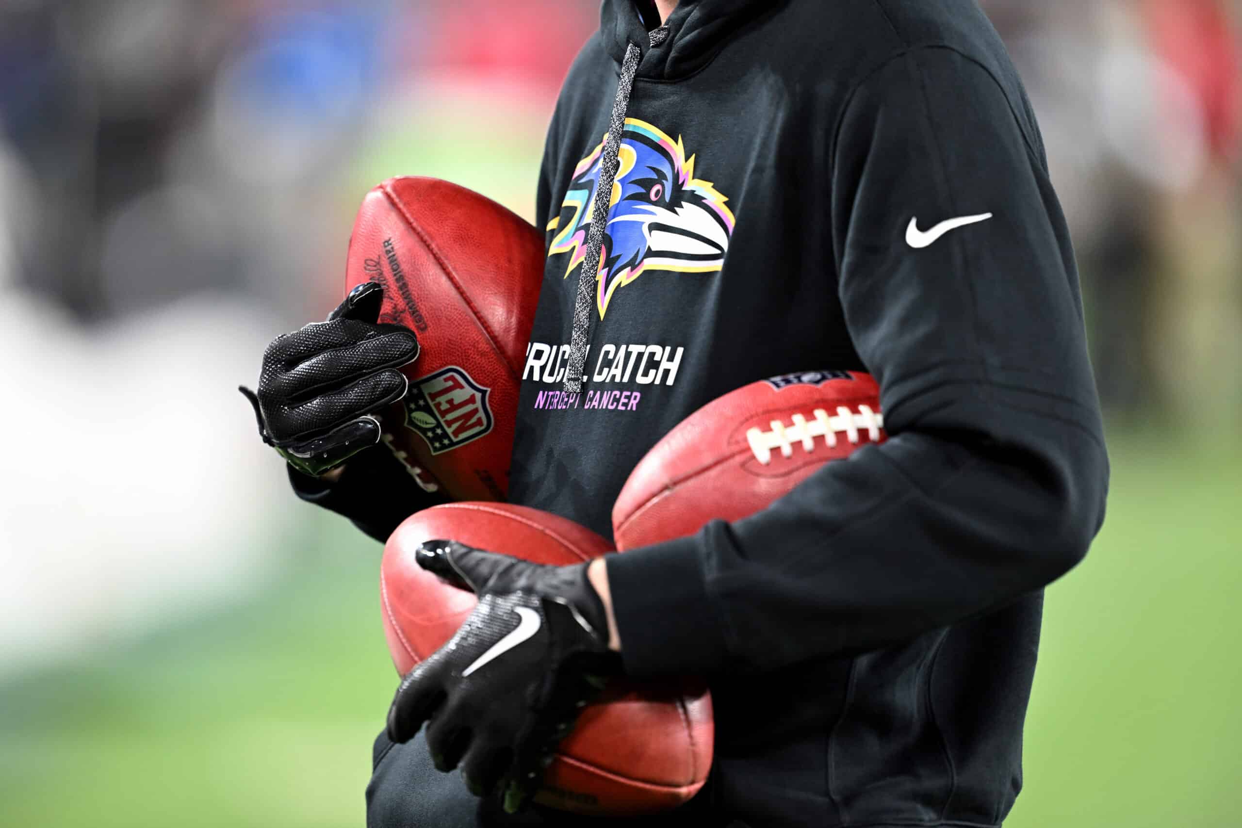 BALTIMORE, MARYLAND - SEPTEMBER 29: A detail shot of Crucial Catch logo is seen on the shirt of a member of the Baltimore Ravens prior to the game against the Baltimore Ravens Ravens at M&T Bank Stadium on September 29, 2024 in Baltimore, Maryland.