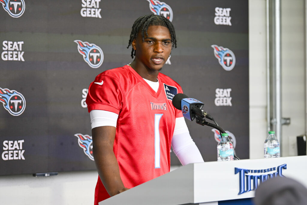 NASHVILLE, TENNESSEE - MAY 10: Cam Ward #1 of the Tennessee Titans speaks to the media during Tennessee Titans Rookie Minicamp at Ascension Saint Thomas Sports Park on May 10, 2025 in Nashville, Tennessee.