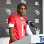 NASHVILLE, TENNESSEE - MAY 10: Cam Ward #1 of the Tennessee Titans speaks to the media during Tennessee Titans Rookie Minicamp at Ascension Saint Thomas Sports Park on May 10, 2025 in Nashville, Tennessee.