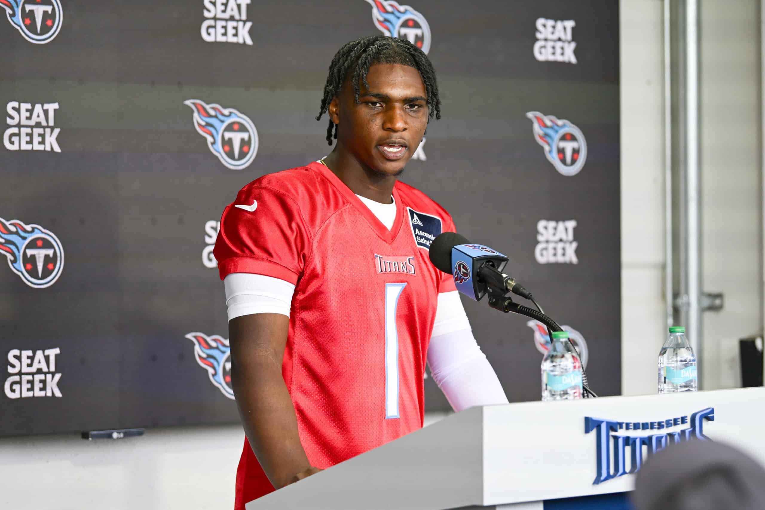 NASHVILLE, TENNESSEE - MAY 10: Cam Ward #1 of the Tennessee Titans speaks to the media during Tennessee Titans Rookie Minicamp at Ascension Saint Thomas Sports Park on May 10, 2025 in Nashville, Tennessee.