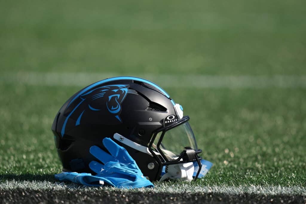 CHARLOTTE, NORTH CAROLINA - OCTOBER 13: A detailed view of a Carolina Panthers helmet is seen before the game against the Atlanta Falcons at Bank of America Stadium on October 13, 2024 in Charlotte, North Carolina.