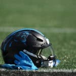 CHARLOTTE, NORTH CAROLINA - OCTOBER 13: A detailed view of a Carolina Panthers helmet is seen before the game against the Atlanta Falcons at Bank of America Stadium on October 13, 2024 in Charlotte, North Carolina.