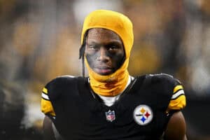 PITTSBURGH, PENNSYLVANIA - JANUARY 04: George Pickens #14 of the Pittsburgh Steelers looks on during a game against the Cincinnati Bengals at Acrisure Stadium on January 04, 2025 in Pittsburgh, Pennsylvania.