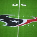 HOUSTON, TEXAS - NOVEMBER 10: The Houston Texans logo sits on the field prior to a game between the Houston Texans and the Detroit Lions at NRG Stadium on November 10, 2024 in Houston, Texas.