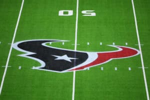 HOUSTON, TEXAS - NOVEMBER 10: The Houston Texans logo sits on the field prior to a game between the Houston Texans and the Detroit Lions at NRG Stadium on November 10, 2024 in Houston, Texas.