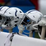 BALTIMORE, MARYLAND - SEPTEMBER 24: Indianapolis Colts helmets sit on the bench before the start of the Colts and Baltimore Ravens game at M&T Bank Stadium on September 24, 2023 in Baltimore, Maryland.