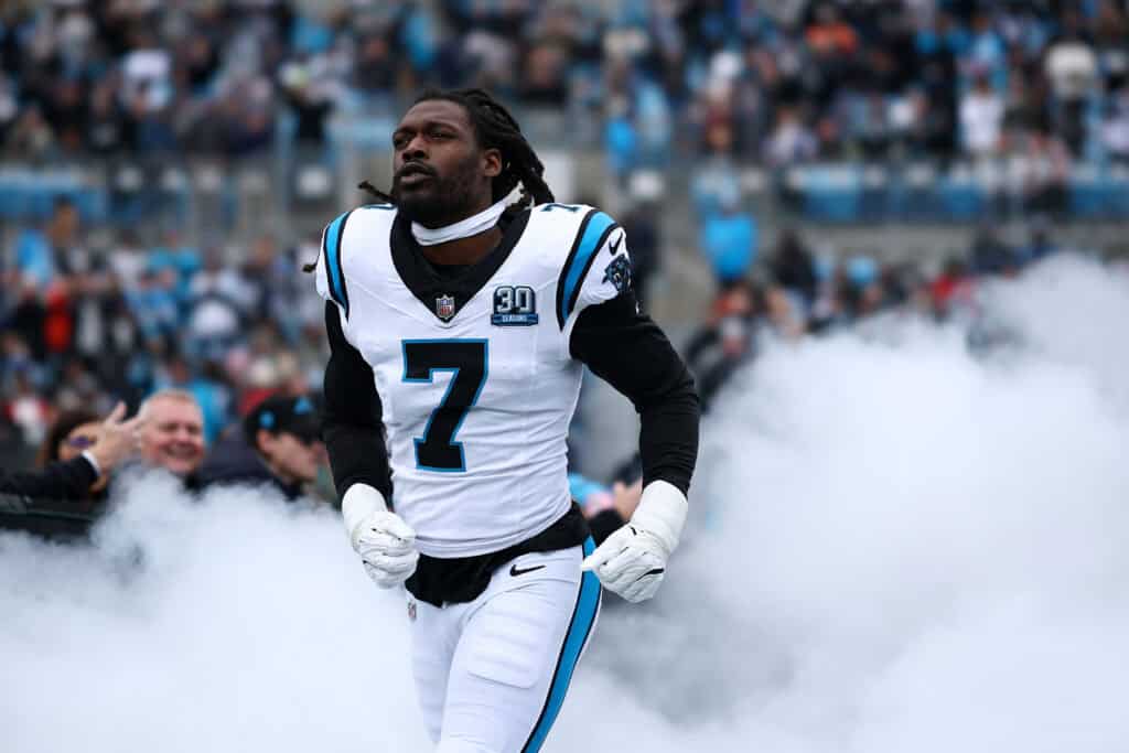 CHARLOTTE, NORTH CAROLINA - DECEMBER 15: Jadeveon Clowney #7 of the Carolina Panthers is introduced prior to the game against the Dallas Cowboys at Bank of America Stadium on December 15, 2024 in Charlotte, North Carolina.