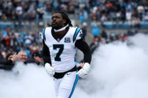 CHARLOTTE, NORTH CAROLINA - DECEMBER 15: Jadeveon Clowney #7 of the Carolina Panthers is introduced prior to the game against the Dallas Cowboys at Bank of America Stadium on December 15, 2024 in Charlotte, North Carolina.
