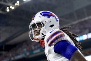 MIAMI GARDENS, FLORIDA - SEPTEMBER 12: James Cook #4 of the Buffalo Bills celebrates after scoring a touchdown against the Miami Dolphins during the first quarter in the game at Hard Rock Stadium on September 12, 2024 in Miami Gardens, Florida.