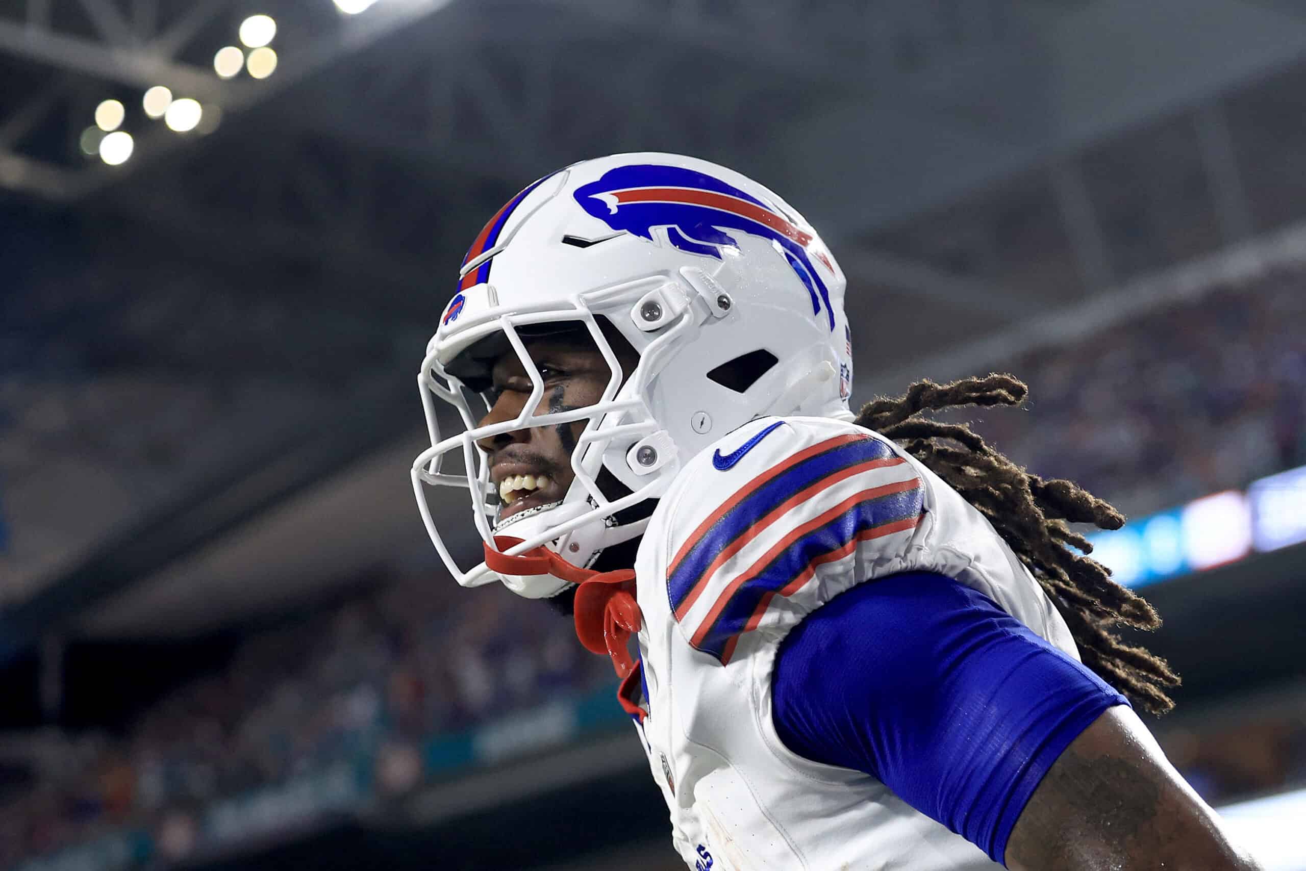 MIAMI GARDENS, FLORIDA - SEPTEMBER 12: James Cook #4 of the Buffalo Bills celebrates after scoring a touchdown against the Miami Dolphins during the first quarter in the game at Hard Rock Stadium on September 12, 2024 in Miami Gardens, Florida.