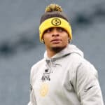 PHILADELPHIA, PENNSYLVANIA - DECEMBER 15: Justin Fields #2 of the Pittsburgh Steelers warms up before a game against the Philadelphia Eagles at Lincoln Financial Field on December 15, 2024 in Philadelphia, Pennsylvania.