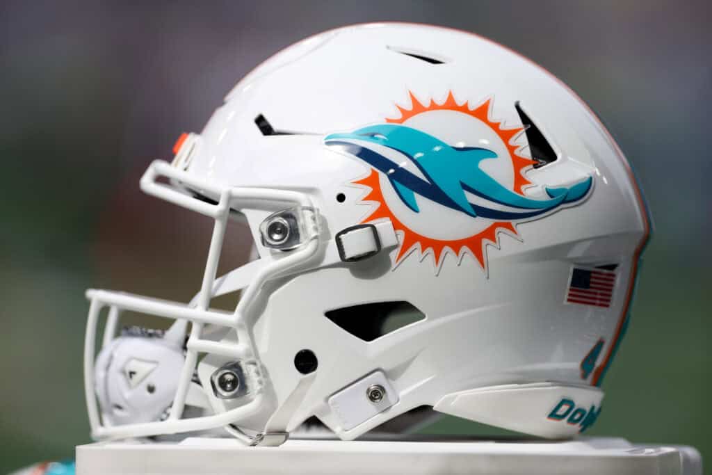 SEATTLE, WASHINGTON - SEPTEMBER 22: A general image of a Miami Dolphins logo helmet before the game against the Seattle Seahawks at Lumen Field on September 22, 2024 in Seattle, Washington.