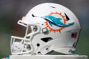 SEATTLE, WASHINGTON - SEPTEMBER 22: A general image of a Miami Dolphins logo helmet before the game against the Seattle Seahawks at Lumen Field on September 22, 2024 in Seattle, Washington.