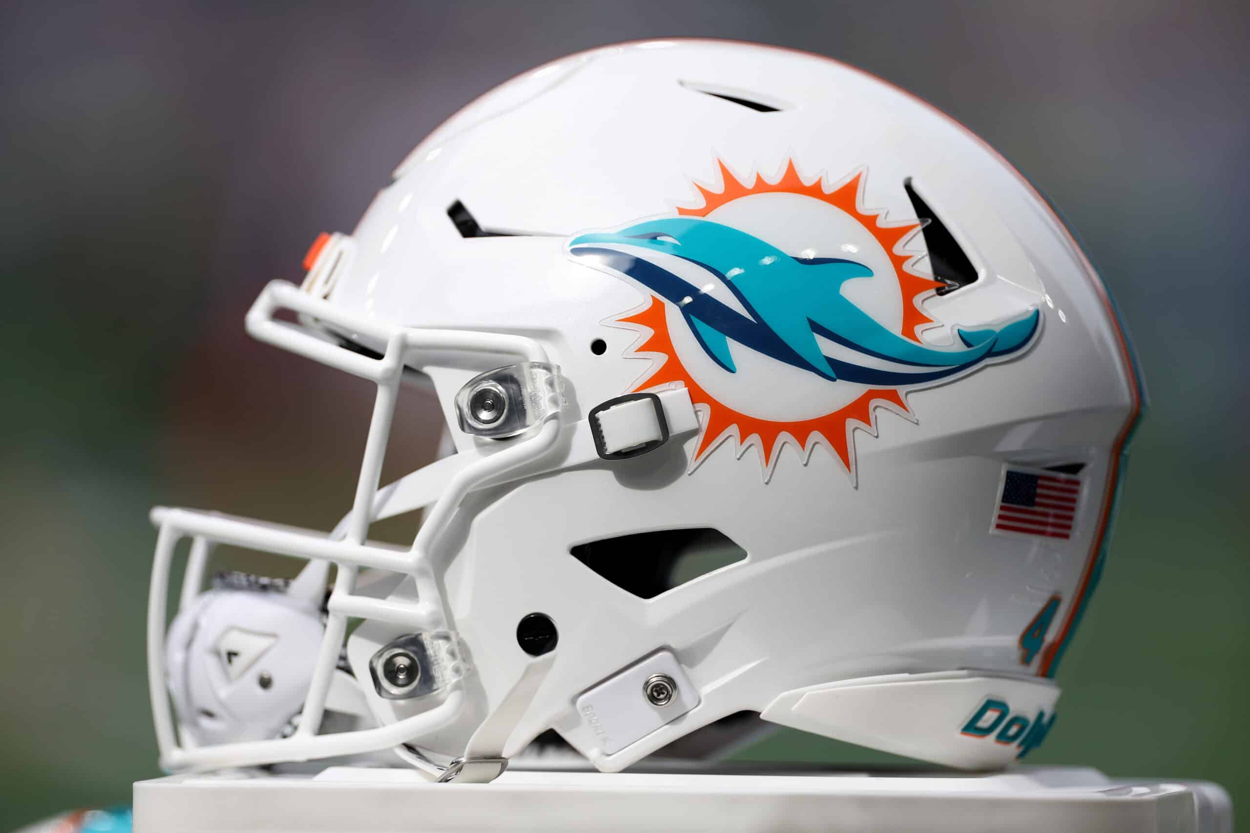 SEATTLE, WASHINGTON - SEPTEMBER 22: A general image of a Miami Dolphins logo helmet before the game against the Seattle Seahawks at Lumen Field on September 22, 2024 in Seattle, Washington.