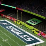 NEW ORLEANS, LOUISIANA - FEBRUARY 09: A "Choose Love" logo is seen in the Eagles end zone before Super Bowl LIX between the Kansas City Chiefs and Philadelphia Eagles at Caesars Superdome on February 09, 2025 in New Orleans, Louisiana.
