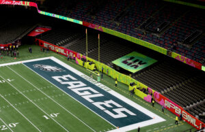 NEW ORLEANS, LOUISIANA - FEBRUARY 09: A "Choose Love" logo is seen in the Eagles end zone before Super Bowl LIX between the Kansas City Chiefs and Philadelphia Eagles at Caesars Superdome on February 09, 2025 in New Orleans, Louisiana.