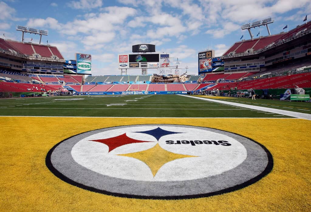 TAMPA, FL - FEBRUARY 01: The Pittsburgh Steelers logo is seen in the end zone before Super Bowl XLIII on February 1, 2009 at Raymond James Stadium in Tampa, Florida.