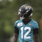 JACKSONVILLE, FLORIDA - MAY 10: Travis Hunter #12 of the Jacksonville Jaguars runs looks on during Jacksonville Jaguars Rookie Minicamp at Miller Electric Center on May 10, 2025 in Jacksonville, Florida.