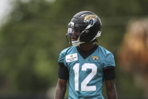 JACKSONVILLE, FLORIDA - MAY 10: Travis Hunter #12 of the Jacksonville Jaguars runs looks on during Jacksonville Jaguars Rookie Minicamp at Miller Electric Center on May 10, 2025 in Jacksonville, Florida.