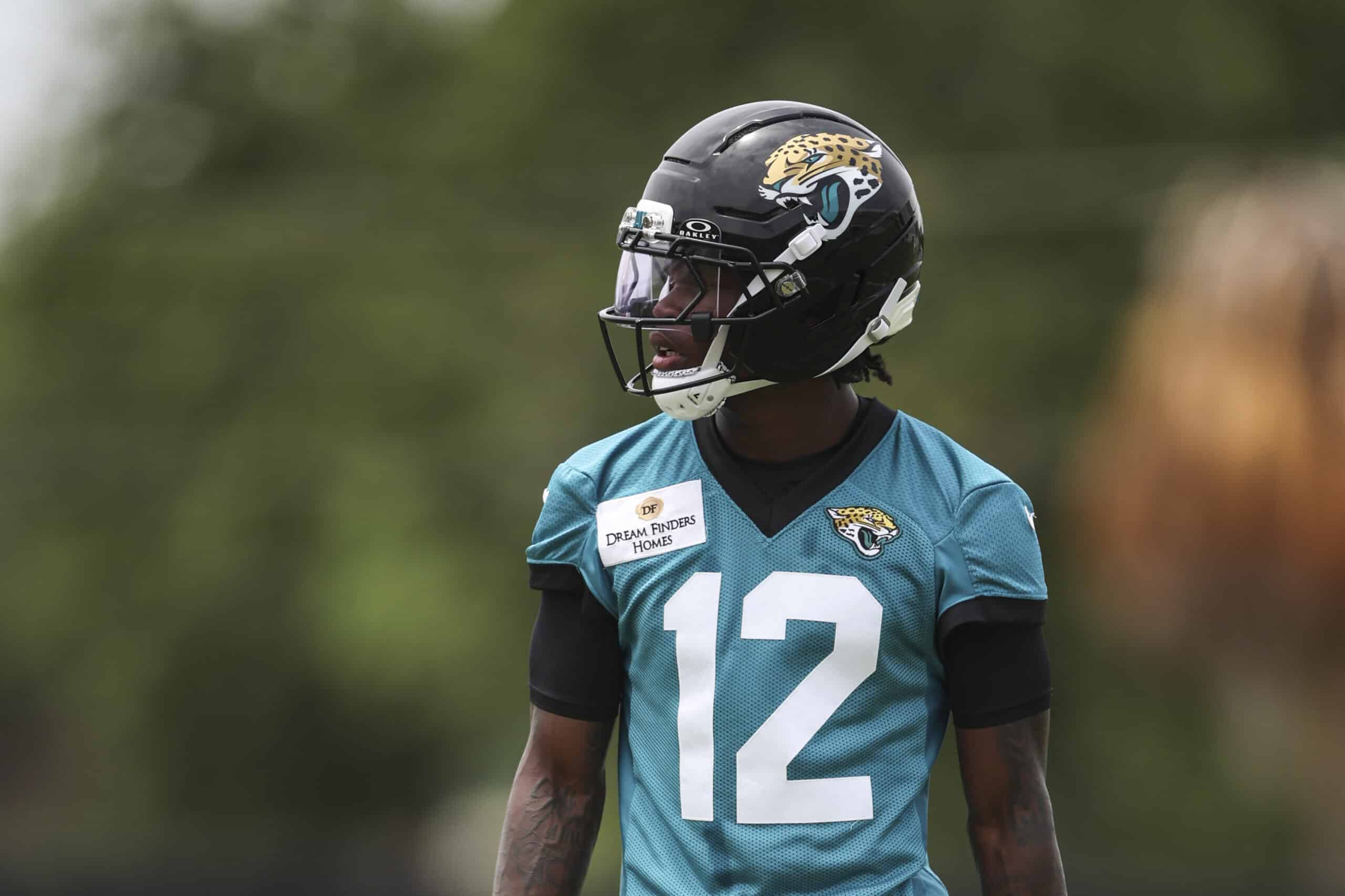 JACKSONVILLE, FLORIDA - MAY 10: Travis Hunter #12 of the Jacksonville Jaguars runs looks on during Jacksonville Jaguars Rookie Minicamp at Miller Electric Center on May 10, 2025 in Jacksonville, Florida.